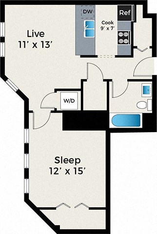 1 Bedroom floor plan at Park Fullerton by Reside